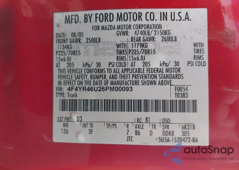 2006 Mazda B3000 z USA, uszkodzony, nr VIN 4F4YR46U26PM00093